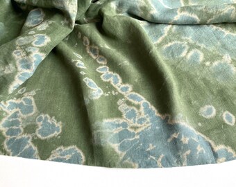 Tie dye batik fabric, dusty green blue medium weight hand dyed pure linen, soft European flax for crafts, patchwork, sewing, textile art