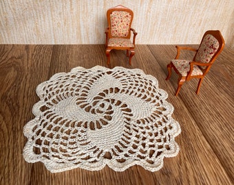 Hand crochet dollhouse carpet, ivory cream pure linen floor rug, lace doll house textile, miniature carpet, american doll table topper