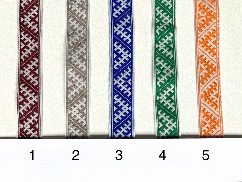Latvian ethnic ribbon 18mm wide, white blue orange green woven polyester trim, Baltic national folk costume belt with traditional signs image 3
