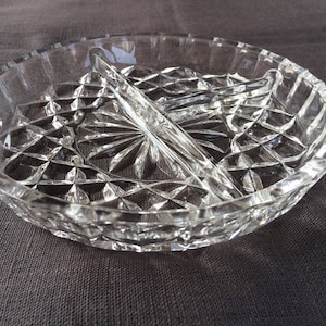 Small serving platter, round 3 section czech cut glass serving plate for sweets, snacks, cookies, retro style coffee table decor
