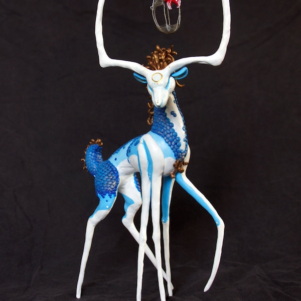 RESERVED! Masked: Soul Dancer - Original fantasy stag creature sculpture with butterfly in cage
