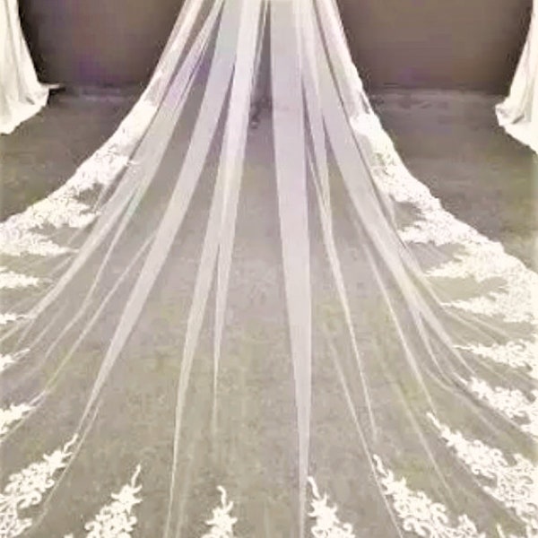 Beautiful Cathedral Veil. Stunning Lace appliques. Luxury long custom handmade veil. Queen Wedding. Lovely accent to that perfect dress