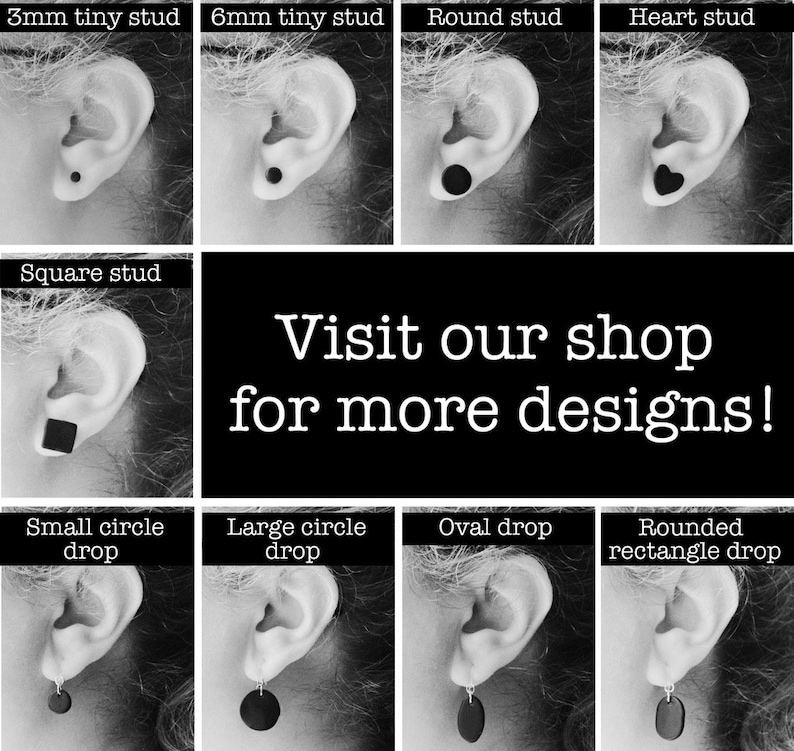 May include: A black and white collage displaying various earring styles including 3mm and 6mm tiny studs, round, heart, and square studs, plus small circle, large circle, oval, and rounded rectangle drops. Text reads: Visit our shop for more designs!