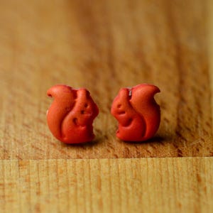 May include: A pair of small, matte orange stud earrings shaped like squirrels. Each earring features a molded silhouette of a squirrel in a seated position with a curved tail, showcasing a smooth, solid-colored finish and detailed facial features.