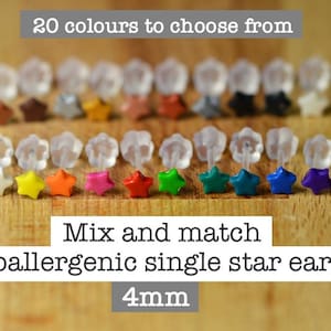 May include: Twenty different colours of 4mm star-shaped earrings. Hypoallergenic single star earrings. Mix and match.