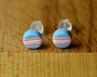 May include: A pair of round stud earrings with a light blue base and horizontal stripes of white and pink. The earrings are set against a wooden background, with clear earring backs visible behind them.