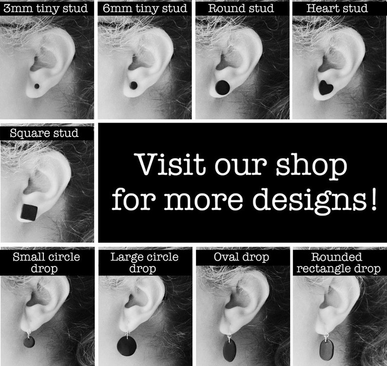 Puede incluir: Imagen en blanco y negro que muestra varios estilos de pendientes, incluyendo peque&ntilde;os studs (3mm y 6mm), studs redondos, studs de coraz&oacute;n, studs cuadrados, gotas de c&iacute;rculo peque&ntilde;as y grandes, gotas ovaladas y gotas rectangulares redondeadas. Texto: &iexcl;Visita nuestra tienda para m&aacute;s dise&ntilde;os!