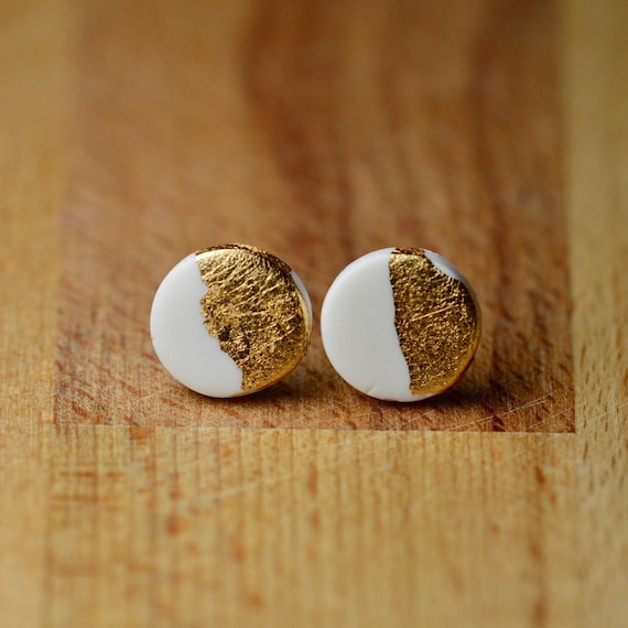 Bestselling Earrings - Gold Leaf White Polymer Clay