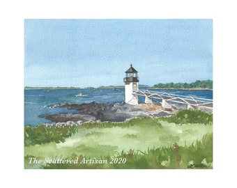 Original watercolor painting.  8"x10". "Marshall Point Light"