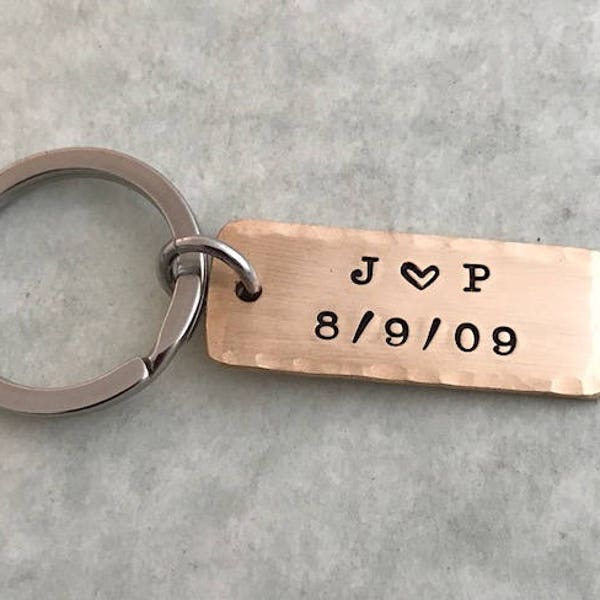 Personalized BRONZE 1/2" Wide Metal KEY CHAIN - Custom Stamped: Initials, Date - Anniversaries, Weddings, Couples Love Gift!