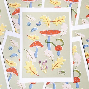 Leaf litter Art, Toadstool Print, Beetle Print, Oak leaf Print, Eco A4 Print, Riso, Illustration, Outdoor Lover Gift, Naturel Lover Gift