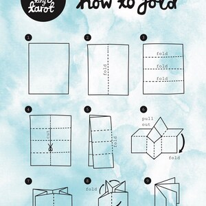 May include: A nine-step guide on how to fold a piece of paper into a small booklet. The steps are illustrated with diagrams showing the folds and cuts needed. The final step shows a small booklet with the text "tada!" written below it.