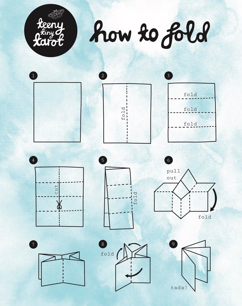 May include: A nine-step guide on how to fold a piece of paper into a small booklet. The steps are illustrated with diagrams showing the folds and cuts needed. The final step shows a small booklet with the text "tada!" written below it.