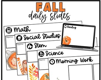 May include: A set of printable digital slides for a fall-themed classroom. The slides feature a variety of subjects including math, social studies, science, reading, and morning work. Each slide has a space for an objective and a pumpkin graphic.