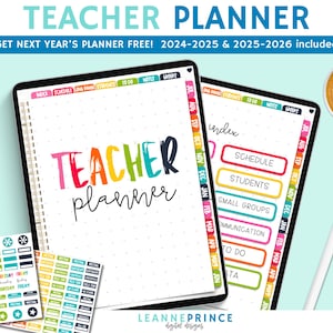 Op de afbeelding: Een digitale leerkrachtplanner op een tablet met een kleurrijk regenboogontwerp en de tekst "TEACHER planner". De planner bevat tabbladen voor schema, leerlingen, kleine groepen, communicatie, te doen en gegevens. De afbeelding bevat ook stickers met verschillende ontwerpen.