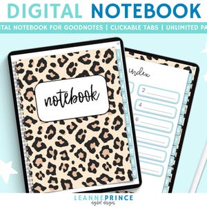 May include: Digital notebook template for Goodnotes app with a leopard print cover and a blue index tab. The cover has the word "notebook" written on it.