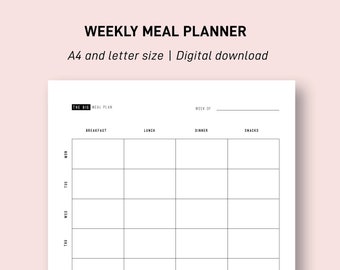 Weekly Meal Planner Printable - Minimal - A4 and Letter - Planner Insert - Meal organiser - Monday and Sunday - Instant Download