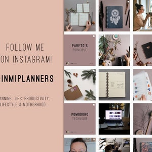 May include: A grid of images featuring notebooks, stationery, and lifestyle elements. The text "FOLLOW ME ON INSTAGRAM! @INMIPLANNERS" is displayed, along with "PLANNING, TIPS, PRODUCTIVITY. LIFESTYLE & MOTHERHOOD". Additional images show "PARETO'S PRINCIPLE" and "POMODORO TECHNIQUE".