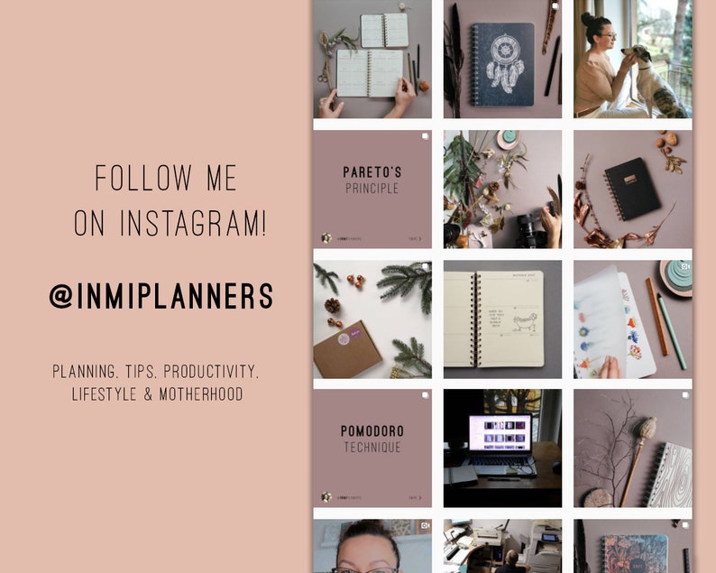 May include: A grid of images featuring notebooks, stationery, and lifestyle elements. The text "FOLLOW ME ON INSTAGRAM! @INMIPLANNERS" is displayed, along with "PLANNING, TIPS, PRODUCTIVITY. LIFESTYLE & MOTHERHOOD". Additional images show "PARETO'S PRINCIPLE" and "POMODORO TECHNIQUE".