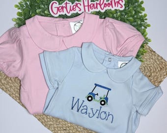 Mono de burbuja personalizado para bebé niño con carrito de golf, nombre bordado, cuello Peter Pan, conjunto de golf para hermanos con burbuja, conjunto de golf para bebé niño