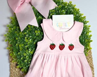 Pink Strawberry Bubble Romper Baby Girl | Embroidered Strawberry Bubble | Peter Pan Collar Bubble | Summer Baby Girl Outfit | Monogram Optio