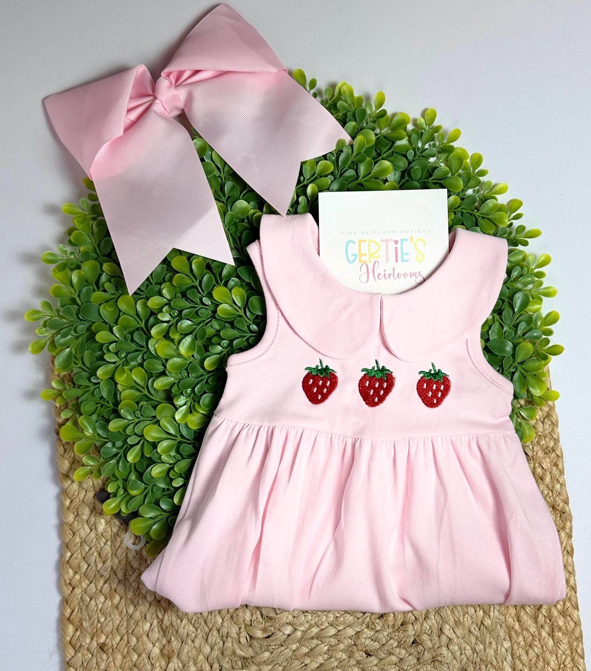 20 Baby Dress Designs for Summer That Are Actually Soft Enough to Wear 15 Pink Strawberry Bubble Romper Baby Girl Embroidered Strawberry…