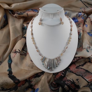 Natural Abalone Bib Necklace and Earring Set with Coordinating 100% Polyester (Silk Feel) Scarf