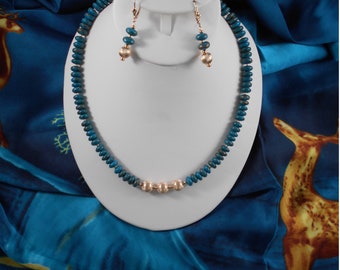 Gold Matrix Turquoise and 14kt Gold Filled Beaded Necklace and Earring Set with Coordinating 100% Silk Scarf