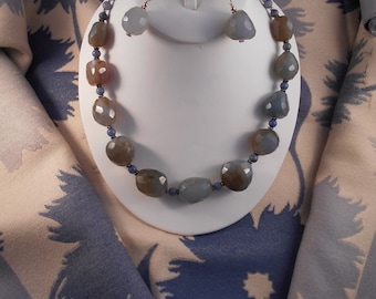 Blue Chalcedony Nuggets Necklace and Earring Set with Coordinating Polyester Scarf