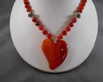 Deep Orange Carnelian and Agate Heart Necklace and Earring Set