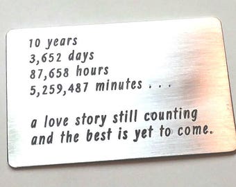 READY TO SHIP ~ 10 ten tin year Anniversary Gift ~ Wallet insert love note card ~ Traditional Aluminum Gift ~