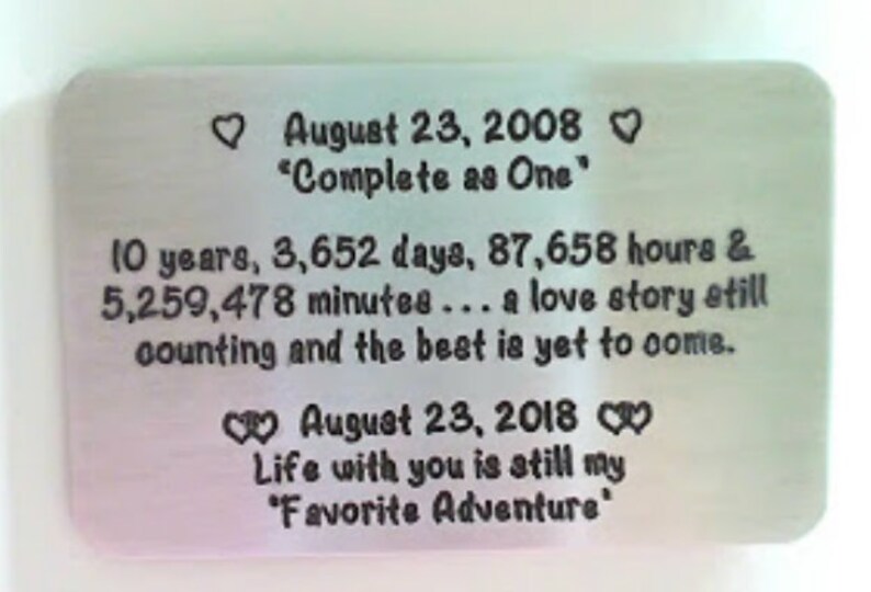 10 ten tin year ANNIVERSARY Gift ~ Wallet insert love note card ~ Traditional Aluminum Gift ~ gift ideas for men