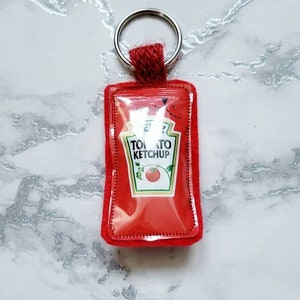 Ketchup Keyring, Keychain, Novelty Keyring Handmade using a Recycled Tomato Ketchup Wrapper for Ketchup Lovers. NEW VARIATION!