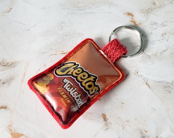 Cheetos Twisted Flamin' Hot Keyring or Bag Charm Handmade using an Upcycled Snack Wrapper. Gift for All for Birthdays or Anniversaries