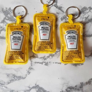 English Mustard Keyring, Keychain or Bag Charm Handmade from a Recycled Mustard Sachet for Mustard Lovers. NEW VARIATION!!