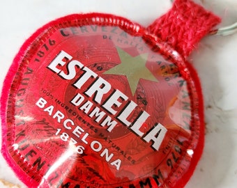 Estrella Beer Keyring Handmade using an Upcycled Beer Label for Birthdays, Anniversaries, as a Thank You or for Anyone who Loves Estrella