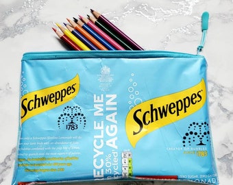 Schweppes Large Pencil Case or Makeup Bag Handmade using an Upcycled Drinks Wrapper. Gift for All for All Occasions