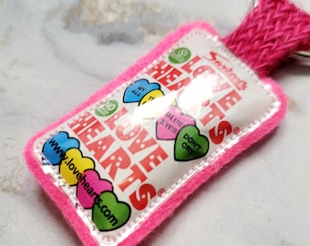 Love Hearts Keyring, Zip Pull, Handbag Accessory Handmade from a Recycled Sweet Wrapper by Mylittlesweethearts for Birthdays, Anniversaries