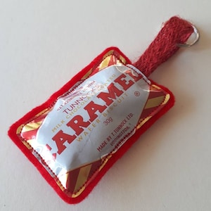 Tunnocks Caramel Wrapper Keyring: Handmade Recycled Chocolate Bag Charm