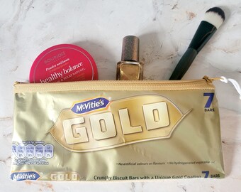 Gold Club Pencil Case or Makeup Bag Handmade using an Upcycled Biscuit Wrapper. For Birthdays, Anniversaries or as a Thank You