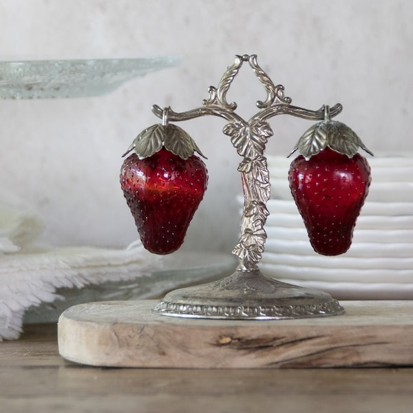 Strawberry Salt & Pepper Shakers, Vintage 3 Piece Metal and Glass Shakers