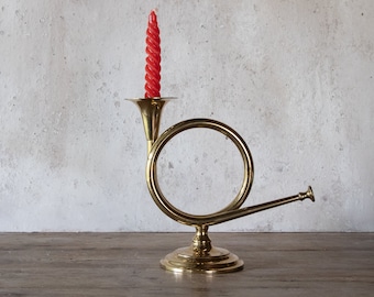 French Horn Candle Holder, Vintage Solid Brass Horn Candlestick for Taper Candle