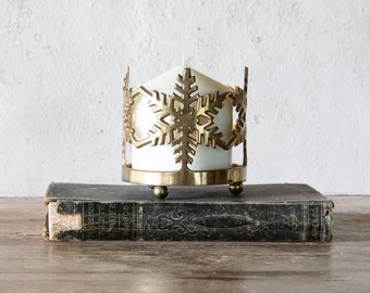 Brass Snowflake Pillar Candle Holder, Vintage Winter Candleholder
