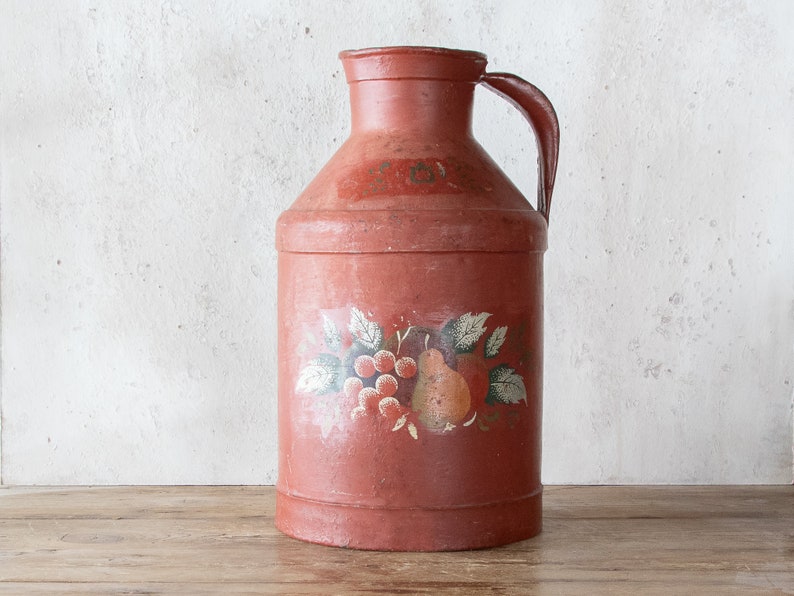 14h Painted Milk Jug, Primitive Red Dairy Can, Vintage Vase image 1