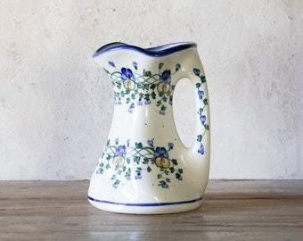 Hand Painted Polish Pottery Pitcher, WR Unikat Twisted Handle Vintage Handmade Pitcher Vase