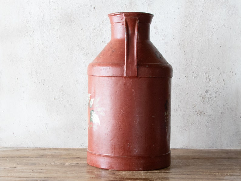 14h Painted Milk Jug, Primitive Red Dairy Can, Vintage Vase image 6