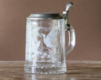 Ducks and Goose Beer Stein, Vintage Glass and Pewter Drink Tankard
