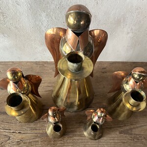 Set of Five Angel Candle Holders, 5 Vintage Brass & Copper Holiday Candlestick Holders image 10