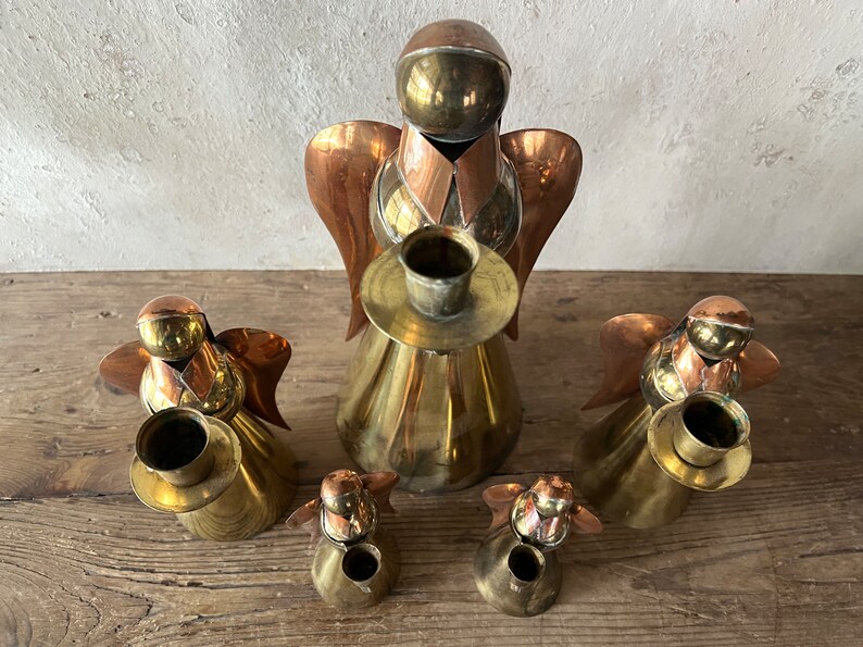 Set of Five Angel Candle Holders, 5 Vintage Brass & Copper Holiday Candlestick Holders image 10