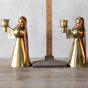 Set of Five Angel Candle Holders, 5 Vintage Brass & Copper Holiday Candlestick Holders image 7